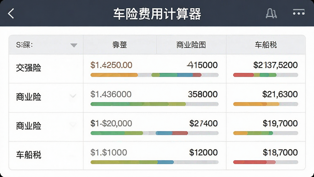 主体为车险费用计算器的费用估算结果页面,布局为表格形式展示交强险、商业险、车船税等各项金额,风格为写实UI截图风格,细节包括每一项费用后有彩色进度条占比,画面中上方有“车险费用计算器”字样,画质清晰干净,无多余元素