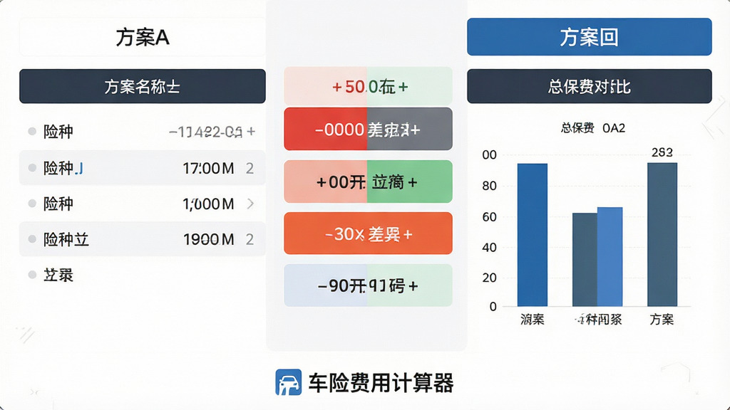 主体为车险费用计算器的方案对比界面,布局为左右分栏,左侧方案A右侧方案B,中间有差异金额高亮,风格为商务简洁风,细节包括方案名称、险种列表、总保费对比柱状图,画面底部有“车险费用计算器”品牌标识,画质干净整洁,无多余元素