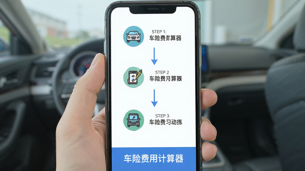 主体为手机屏幕显示车险费用计算器的使用步骤引导界面,布局为竖向流程图,步骤1-2-3依次排列,风格为扁平插画风,细节包括每一步骤对应一个小图标,画面底部有“车险费用计算器”字样,画质干净清晰,无多余元素