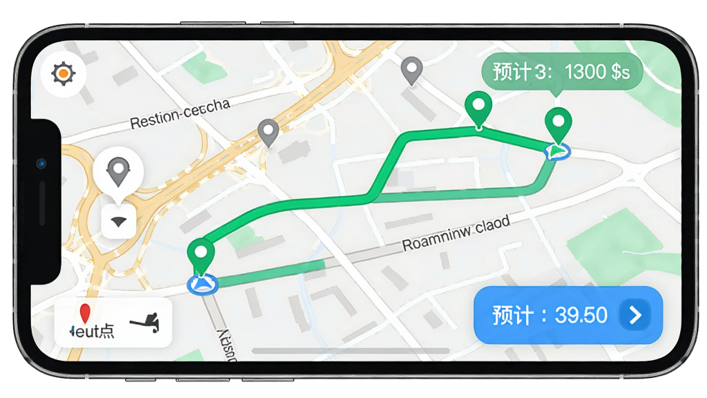 货来运转司机端App的路线规划预览图,手机屏幕展示从起点到终点的绿色导航路线,途经多个标记点,地图风格清晰,周围有道路名称和地标,界面带有预计时间和距离信息,整体色调明亮,细节丰富,画质高清无多余元素