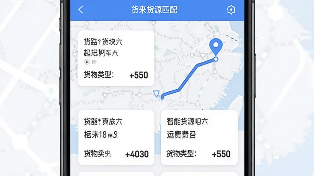 货来运转司机端App的智能货源匹配界面,手机上展示多个货源卡片,标有起止地点、货物类型和运费金额,背景有地图路线和定位标记,界面简洁现代,蓝白配色,细节清晰,画质干净无多余元素