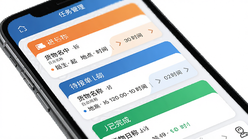 货来运转司机端App的任务管理看板界面,手机上展示多个任务卡片,分别标注进行中、待接单、已完成状态,卡片信息包括货物名称、起止地点和时间,界面布局整齐,色彩区分明显,细节清晰,画质干净无多余元素