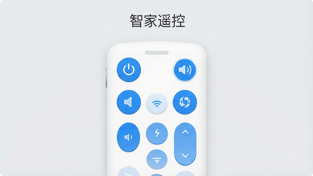 一张展示智家遥控软件主界面的高清预览图,界面风格现代简约,背景为浅灰色调,中央显示一个虚拟遥控器面板,上面分布着电源、音量、频道等按键图标,屏幕上方有“智家遥控”字样,整体布局清晰,按键排列整齐,色调以蓝色和白色为主,画质细腻干净,无多余元素。