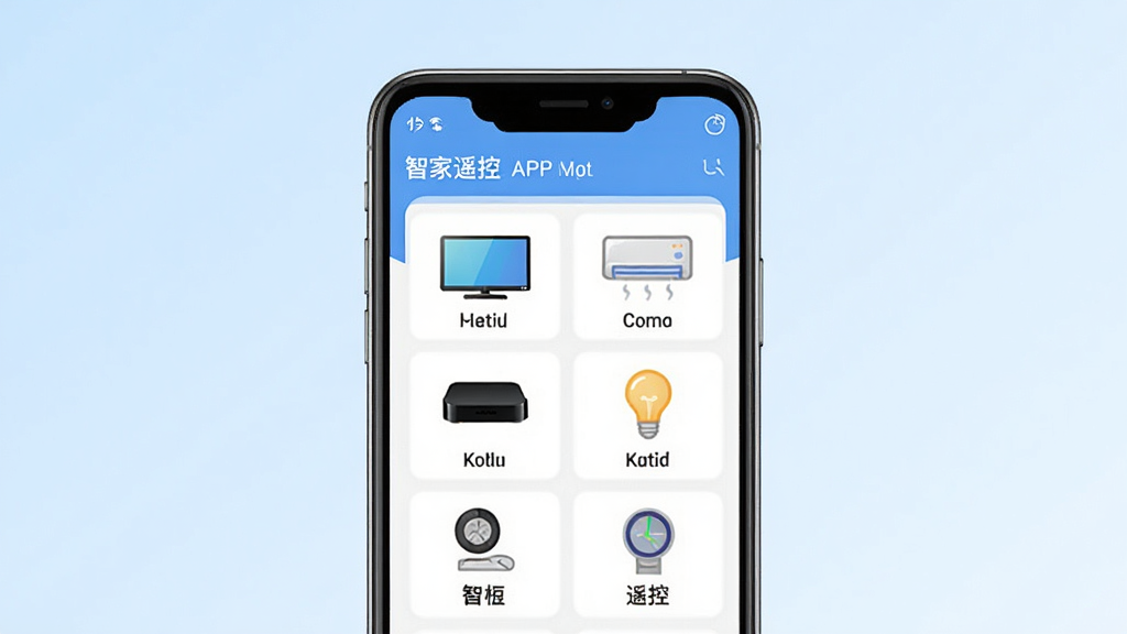 一张智家遥控软件功能展示图,画面中央是一部手机,手机屏幕显示“智家遥控”APP界面,界面上排列着多种家电图标,包括电视、空调、机顶盒、灯泡等,每个图标下方有对应名称,背景为淡蓝色渐变,风格现代简约,画质清晰干净,无多余元素。