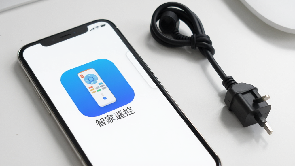 一张智家遥控软件安装在手机上的预览图,手机屏幕显示“智家遥控”APP图标,图标为蓝色背景配白色遥控器图案,手机旁边有电源线和插头,背景为简洁的桌面,画质清晰,干净无多余元素。