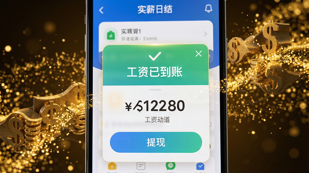 实薪日结App的工资到账动画演示,手机界面显示“工资已到账”弹窗,下方有金额数字和“提现”按钮,背景为动态金色粒子特效,风格科技感强,界面明亮,细节丰富,画质清晰,无多余元素。