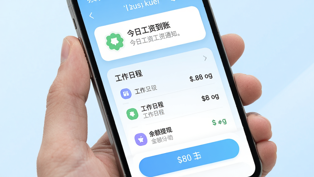 实薪日结App主界面预览图,手机屏幕展示今日工资到账通知、工作日程列表和余额提现按钮,背景为浅蓝色渐变,界面简洁现代,扁平化设计风格,图标圆润,文字清晰,整体色调明亮,画质干净,无多余元素。