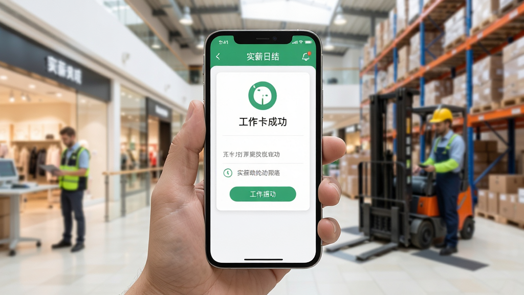 实薪日结App在手机上使用的场景图,手机屏幕显示工作打卡成功页面,周围有工作环境背景,如商场或仓库,风格写实,光线明亮,画质清晰,无多余元素。
