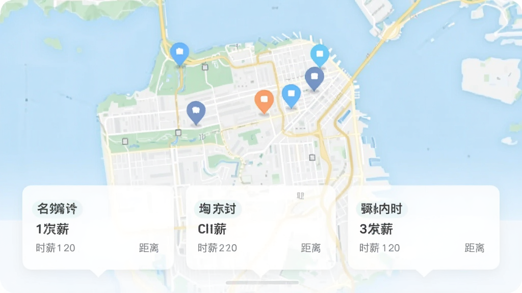 实薪日结App的职位列表页,地图背景上分布着多个工作地点标记,下方卡片式展示岗位名称、时薪和距离,界面采用卡片式布局,浅色背景,信息清晰,风格清新,画质细腻,无多余元素。