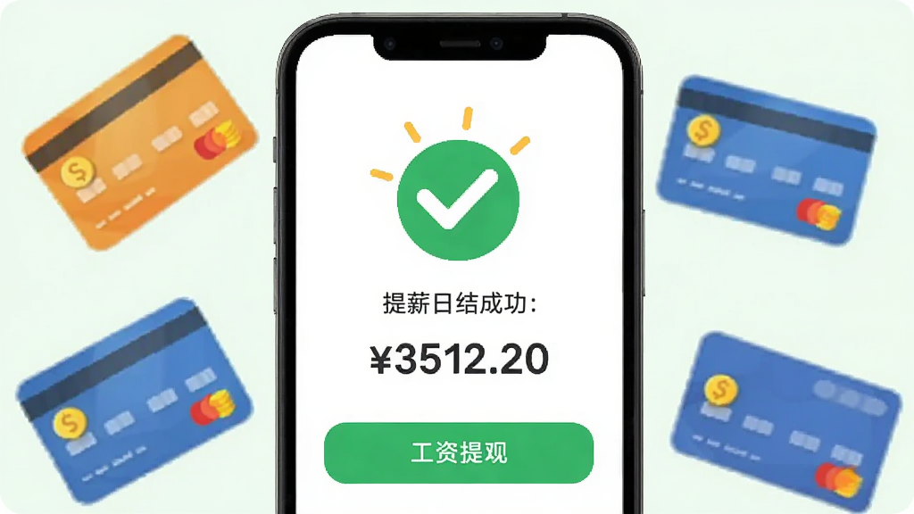 实薪日结App的工资提现成功页面,手机屏幕显示提现成功图标和金额,背景为绿色对勾,周围有银行卡片图案,风格简洁,色彩明快,画质清晰,无多余元素。
