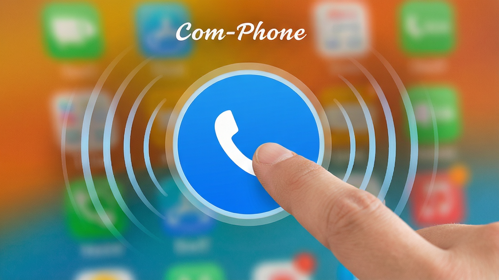 展示Com-Phone软件的一键通功能,画面中央为一个大大的圆形通话按钮,手指正按住按钮,周围有音量波纹特效,背景虚化突出主体,色彩明亮,画质清晰干净。