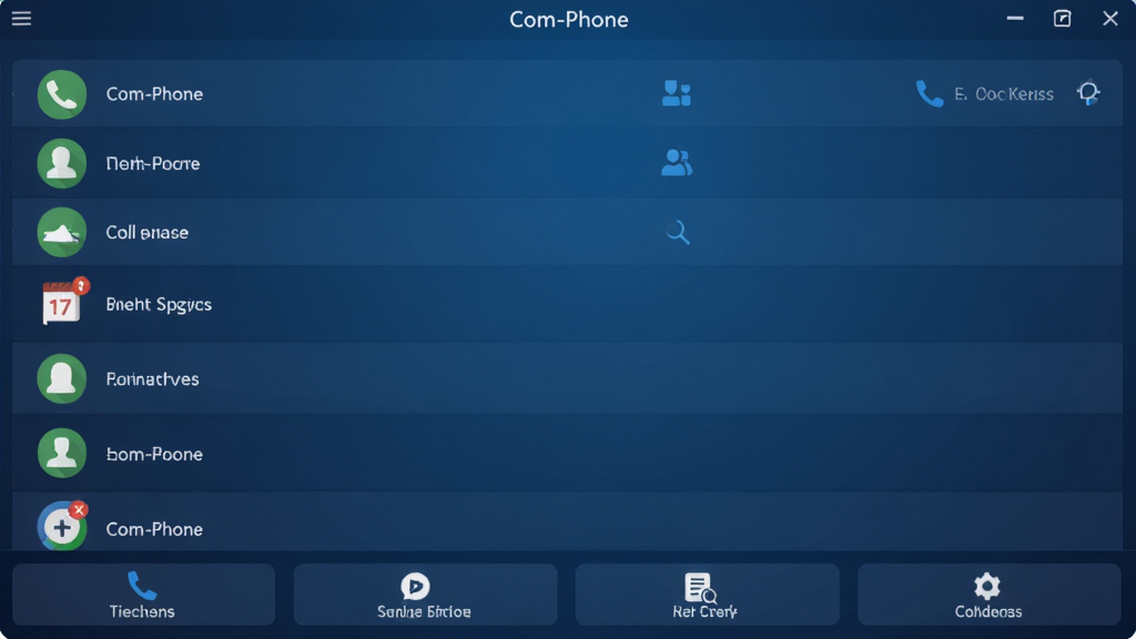 Com-Phone软件主界面截图,展示简洁的通讯录列表和底部功能按钮,背景为深蓝色渐变,图标采用扁平化设计,整体风格现代且干净,高画质,无多余元素。