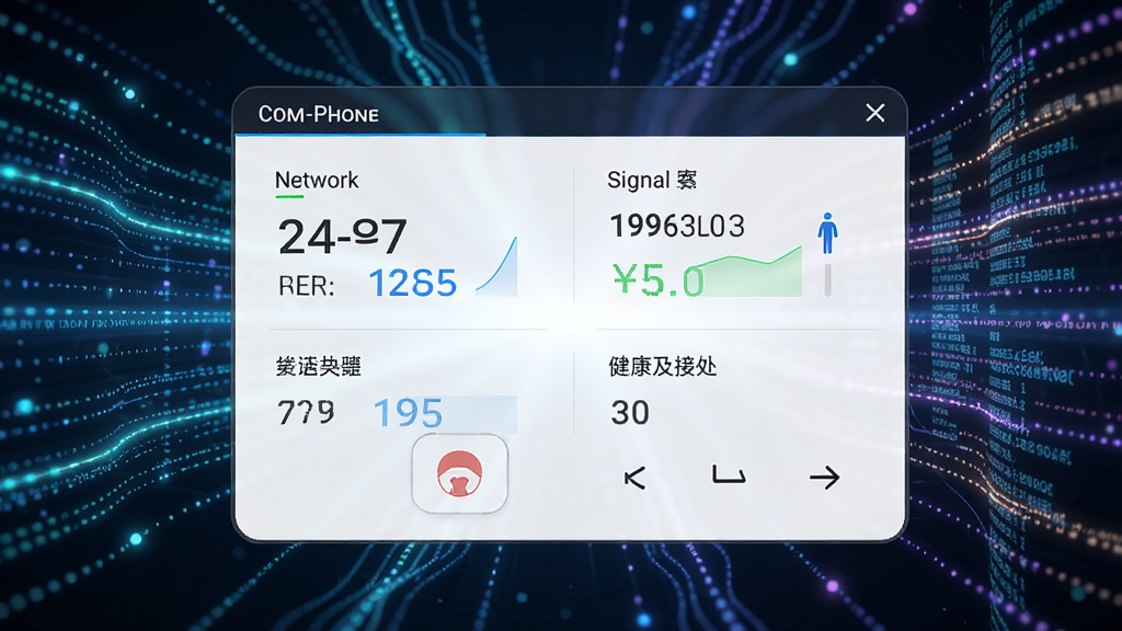 Com-Phone软件通话中的实时数据界面,显示网络延迟、信号强度等参数,背景为充满科技感的线条与数据流,主体为清晰的实时数据面板,设计感强,画质清晰。