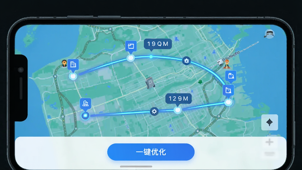 ����������ȦApp�������г̹滮���棬��Ļ������ʾһ�ŵ�ͼ����ͼ�����������Ӹ��������ǣ�����ע������˳���ʱ�䣬�ײ��С�һ���Ż�����ť������Ƽ�����ʵ���Բ��أ�ɫ�����������ֺ��������ʸߡ�