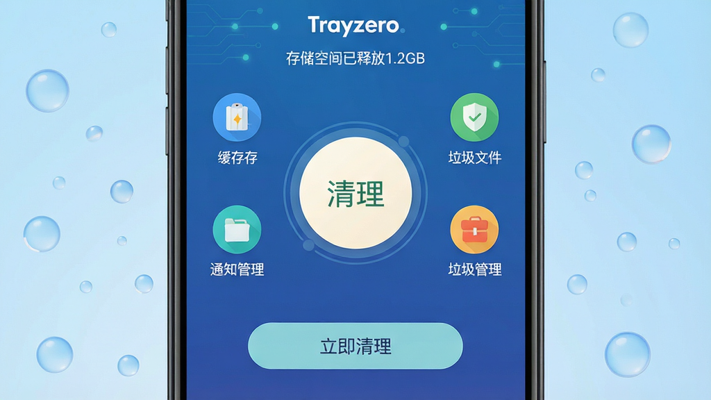 主体:一部智能手机屏幕显示Trayzero主界面,界面干净整洁,中央有一个大大的圆形清理按钮,周围环绕着缓存、垃圾文件、通知管理等图标。布局:手机居中,背景为浅蓝色渐变,营造清爽感。排版:界面元素排列有序,按钮下方显示“立即清理”字样。风格:扁平化设计,色彩明快,科技感。细节:手机屏幕中显示“存储空间已释放1.2GB”的提示。画质:超高清,干净,无多余元素
