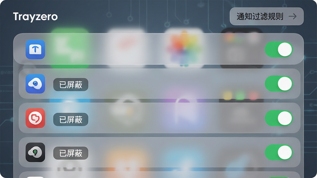 主体:Trayzero通知管理界面,展示应用通知列表,每个应用有开关按钮,部分应用显示“已屏蔽”标签。布局:应用图标在左,开关在右。排版:列表清晰,开关状态一目了然。风格:半透明磨砂背景,科技感。细节:顶部有“通知过滤规则”设置入口。画质:超清,干净,无多余元素