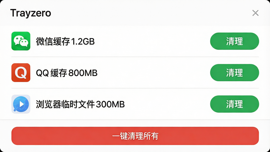 主体:Trayzero应用的智能缓存清理界面,显示扫描结果列表,包含微信缓存1.2GB、QQ缓存800MB、浏览器临时文件300MB。布局:列表从上到下排列,每个条目右侧有清理按钮。排版:条目标题清晰,大小适中。风格:简洁实用,背景为白色,按钮为绿色。细节:列表底部有“一键清理所有”的红色按钮。画质:高清,干净,无多余元素
