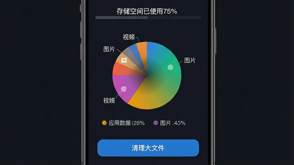 主体:手机屏幕展示Trayzero的存储分析图表,饼状图显示图片、视频、应用数据等占用比例。布局:图表居中,下方有“清理大文件”按钮。排版:图表颜色鲜艳,图例清晰。风格:数据可视化风格,背景为深色。细节:顶部显示“存储空间已使用75%”。画质:超高清,干净,无多余元素