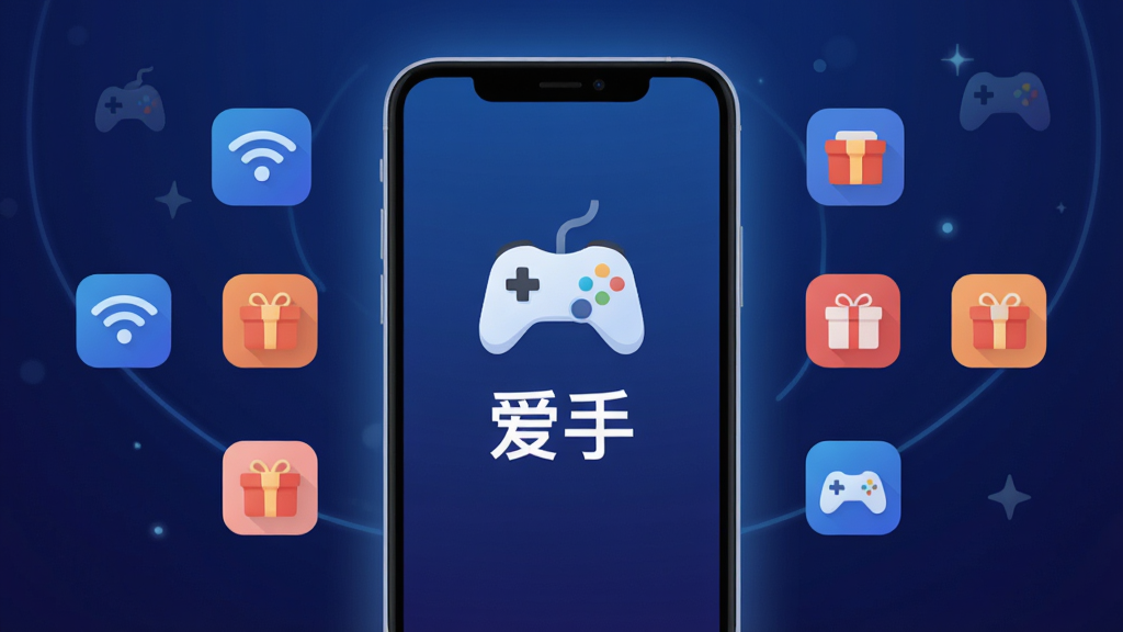 主体:手机屏幕展示“爱手”软件界面,界面风格现代简约,背景为深蓝色渐变,中央有游戏手柄图标和“爱手”字样,布局:软件界面居中,周围环绕着网络加速、游戏礼包等小图标,排版:界面清晰,图标排列整齐,风格:科技感、扁平化设计,细节:界面边缘有柔和光晕,画质:高清、干净、无多余元素