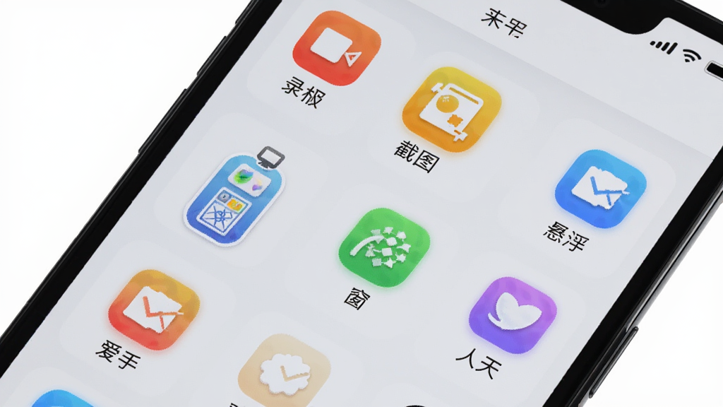 主体:手机屏幕显示“爱手”工具列表,包含录屏、截图、悬浮窗等图标,布局:列表形式,图标下方有文字标签,排版:整齐有序,风格:简洁实用,细节:图标色彩鲜明,背景为浅灰色,画质:高清、干净、无多余元素
