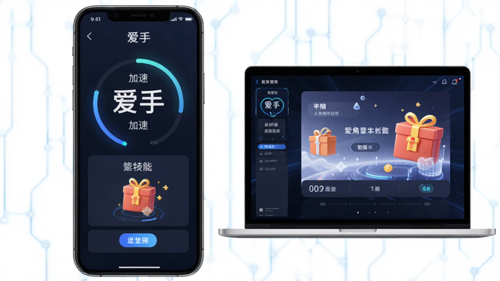 主体:手机和电脑并排展示“爱手”软件界面,布局:左右对称,风格:科技感,细节:屏幕上显示加速和礼包界面,画质:高清、干净、无多余元素