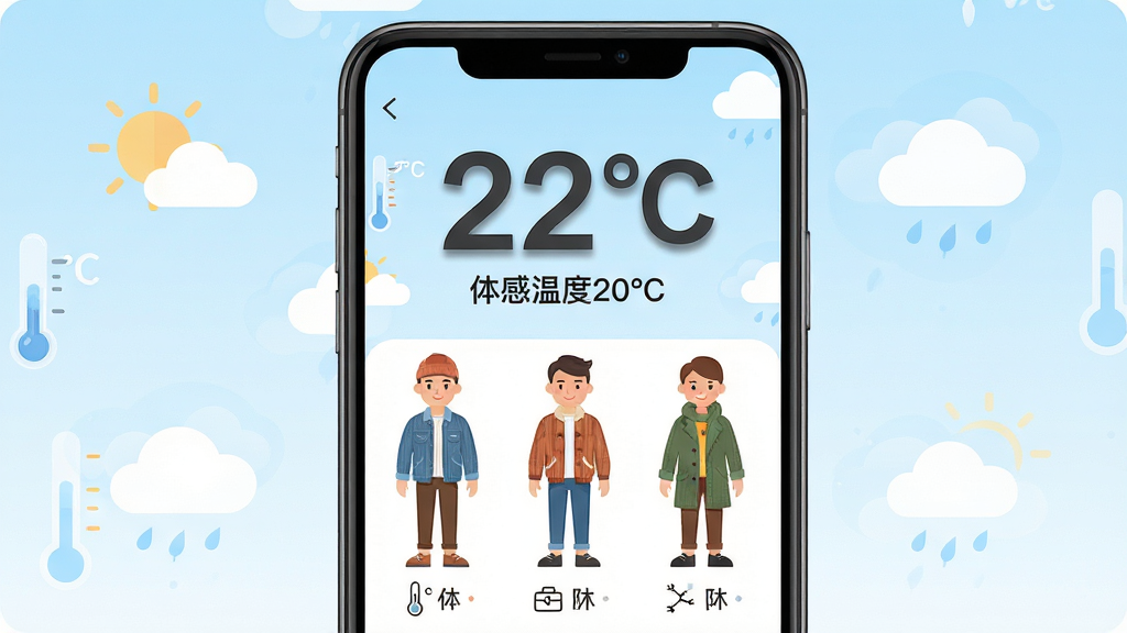 主体:手机屏幕展示温度计(穿衣助手)APP界面,界面中央显示当前温度22℃和“体感温度20℃”,下方有三位不同穿搭的模特卡通形象。布局:手机位于画面中央,背景为淡蓝色渐变的简约天气图标(太阳与云朵),四周留白。排版:界面信息层级分明,温度数字大而醒目,穿搭推荐区域用图标和简短文字标注。风格:扁平化设计,色彩清新明快,整体传递出科技感与生活气息的结合。细节:温度数字带有轻微阴影,穿搭模特表情自然,衣物纹理清晰可见。画质:高清、干净、无多余元素。