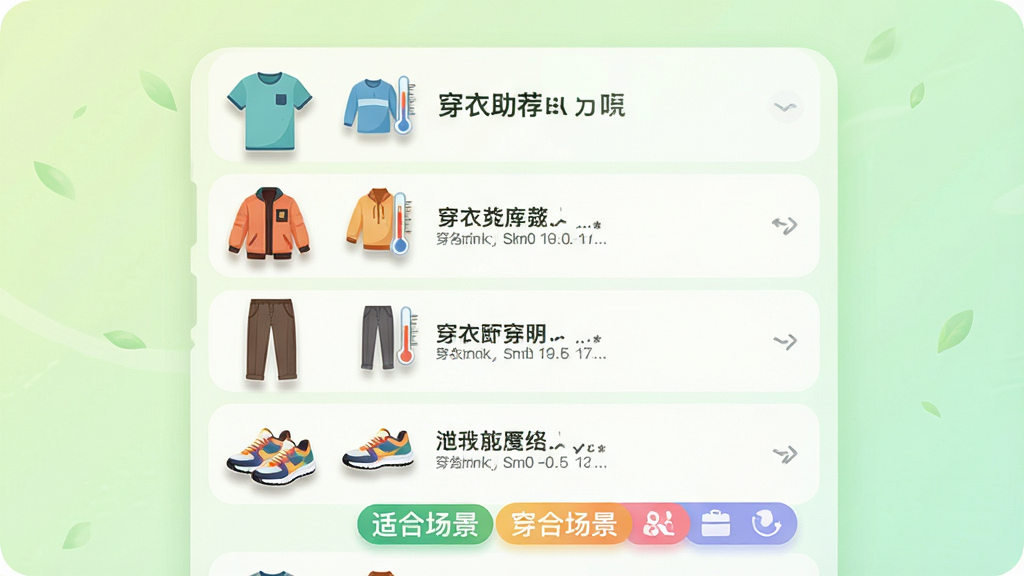 主体:温度计(穿衣助手)APP的穿衣推荐界面,展示一套完整的穿搭方案,包括T恤、外套、长裤和运动鞋。布局:穿搭方案以列表形式竖向排列,左侧为衣物小图标,右侧为文字说明,底部有“适合场景”标签。排版:衣物图标色彩丰富,文字描述简洁,整体布局清晰易读。风格:清新自然风,背景为浅绿色渐变,寓意舒适与活力。细节:每件衣物图标都带有细微的阴影,场景标签用彩色圆角框突出。画质:高清、干净、无多余元素。