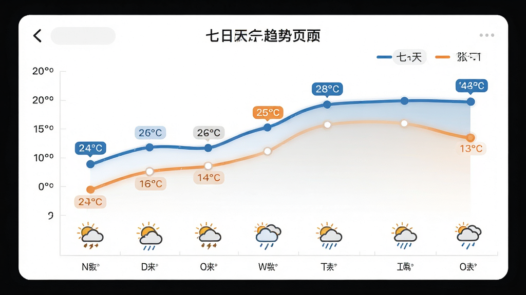 主体:温度计(穿衣助手)APP的七日天气趋势页面,以折线图展示未来一周的温度变化,并配有每日天气图标。布局:折线图占据页面主要区域,横轴为日期,纵轴为温度,每日天气图标置于折线图下方。排版:图表线条流畅,数据点清晰,天气图标简洁醒目。风格:商务简约风,以白色为底色,搭配蓝色与橙色线条,整体专业大方。细节:最高温与最低温用不同颜色标注,关键日期有特殊标记。画质:高清、干净、无多余元素。