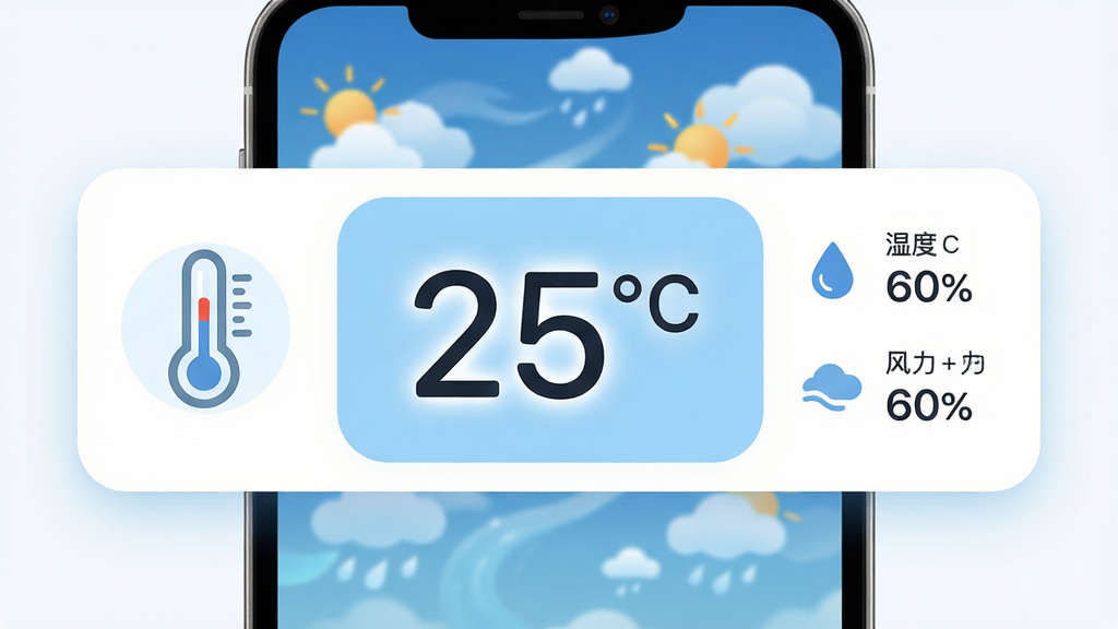 主体:温度计(穿衣助手)APP的实时测温界面,显示温度数字“25℃”和湿度“60%”,背景为动态的天气动画。布局:界面采用卡片式布局,温度数据卡片居中,左侧为温度计图标,右侧为湿度与风力数据。排版:数据字体清晰,主次分明,图标简洁直观。风格:现代简约风,以白色和浅蓝色为主色调,搭配圆角元素。细节:温度数字带有微微的发光效果,天气动画流畅自然。画质:高清、干净、无多余元素。