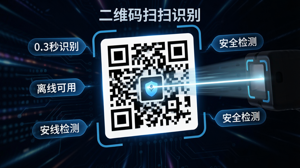һ�Ŷ�̬��ʮ��Ĳ�Ʒ����չʾͼ������������һ���Ŵ�Ķ�ά�룬�Ҳ���ɨ�������ڿ���ɨ������ά����Χ�����š�0.3��ʶ�𡱡������߿��á�������ȫ��⡱�����ֱ�ǩ������Ϊ��ɫ�Ƽ��й�Ч��������רҵ�ҳ�������������ϸ�壬�ɾ��������������ά��ɨɨʶ��������