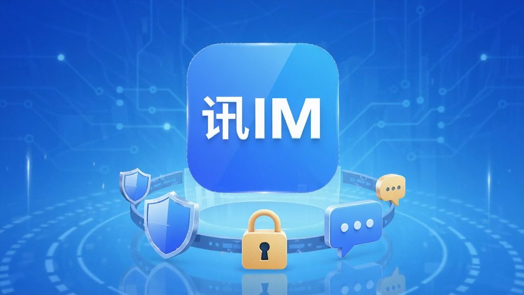画面中心展示有讯IM应用图标,背景为渐蓝色科技感光效,图标立体浮于上方,下方环绕着盾牌、锁头、对话气泡等元素,整体布局居中对称,排版简洁大气,风格现代简约,细节包含光影反射和细微噪点,画质清晰干净无多余元素