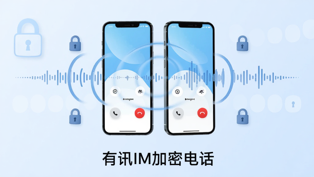 画面主体为两部手机互相通话,周围环绕声波图形与加密锁,背景为淡蓝色渐变,布局居中,排版简洁,风格清新,细节表现音频波形,画质干净无多余元素,图片底部带有文字