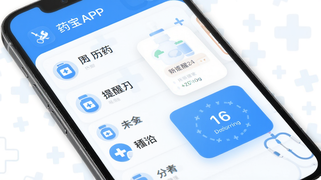 药宝倍APP主界面展示,智能手机屏幕显示用药列表和提醒时间卡片,界面以蓝白配色为主,图标圆润清晰,背景为浅色医疗十字图案,整体风格简洁现代,干净无多余元素,画质高清