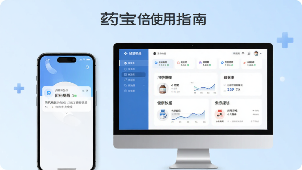 药宝倍使用指南插图,手机和电脑并排展示,手机屏幕显示用药提醒通知,电脑屏幕显示健康数据报告,背景为浅蓝色渐变,风格简洁现代,画质清晰干净