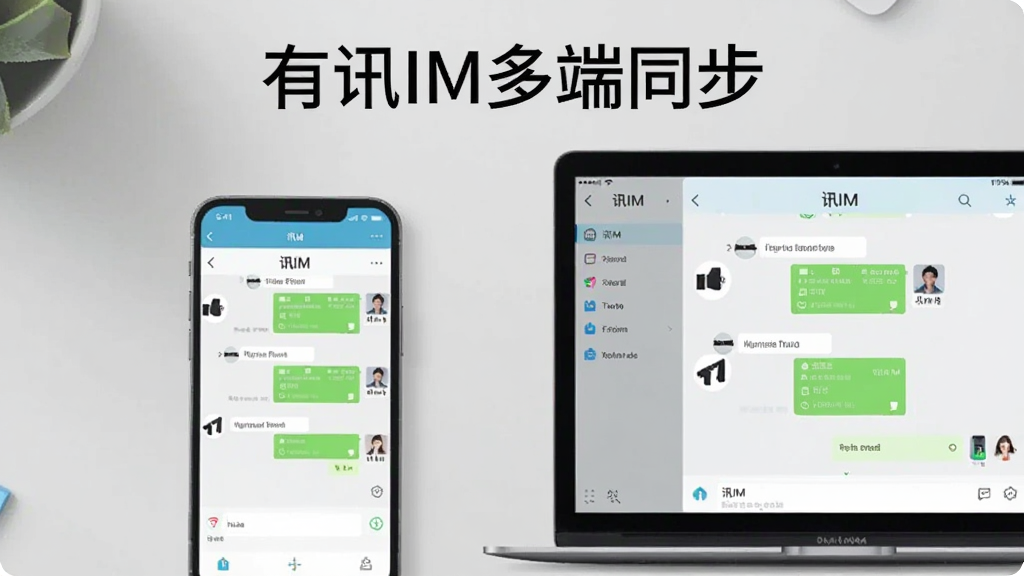 画面为智能手机与电脑并排摆放,屏幕上显示有讯IM聊天界面,背景为浅灰色桌面,布局均衡,排版整齐,风格简洁商务,细节表现界面元素,画质干净无多余元素,图片上方带有文字