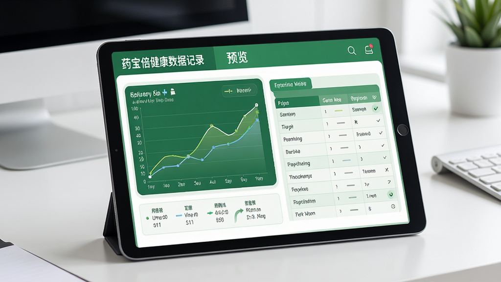 药宝倍健康数据记录界面预览,平板电脑展示折线图和用药记录表格,界面以绿色为主色调,数据图表清晰易读,背景为简约办公桌面,整体风格专业干净,画质高清,无多余元素