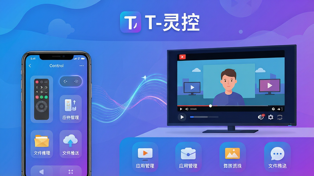 主体:T-灵控软件界面展示,手机与智能电视无线连接场景。布局:左侧手机屏幕显示控制面板,右侧电视大屏呈现对应画面,中间以动态波浪线示意数据传输。排版:上下分层,上方为软件Logo与名称“T-灵控”,下方为功能图标矩阵。风格:科技感扁平插画,蓝紫渐变主色调,简洁明亮。细节:手机屏幕中显示遥控器、应用管理、文件推送等图标,电视画面展示视频播放界面。画质:高清渲染,干净,无多余元素。