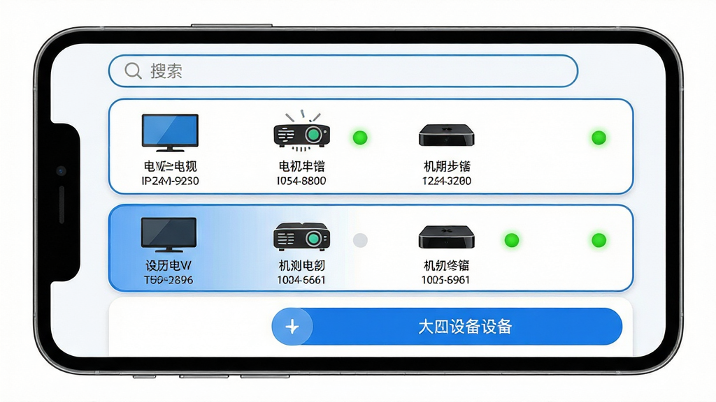 主体:T-灵控多设备管理界面。布局:手机屏幕展示设备列表,包含电视、投影仪、机顶盒等图标,每个设备右侧显示在线状态指示灯。排版:列表式布局,顶部为搜索栏,底部为添加设备按钮。风格:清爽的商务风格,白底蓝边,圆角卡片设计。细节:设备图标下方标注名称与IP地址,选中设备时高亮显示。画质:精细矢量图,干净,无多余元素。