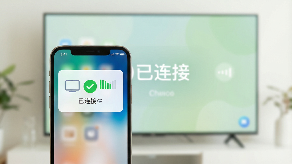 主体:手机与电视连接成功界面。布局:手机屏幕显示设备卡片,电视画面显示“已连接”提示。排版:手机界面居中,电视画面作为背景虚化。风格:清新自然,浅色背景。细节:连接状态图标带绿色对勾,信号强度满格。画质:柔和光线,干净,无多余元素。