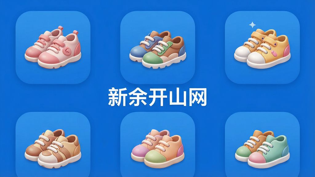一张新余开山网App内部的商品分类界面,以九宫格形式展示女鞋、男鞋、童鞋等图标,背景为品牌蓝色,设计现代简洁,图标圆润可爱,排版整齐,画质高清,干净无多余元素,图片中央显示“新余开山网”字样