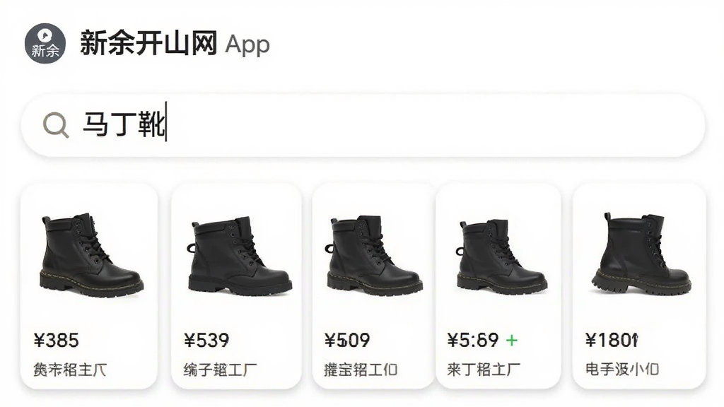 一张展示新余开山网App搜索功能的截图,搜索框内输入“马丁靴”,下方展示出多款带有价格和工厂名称的商品卡片,界面以白色为底,卡片设计有圆角阴影,风格清新简洁,画质干净,无多余元素