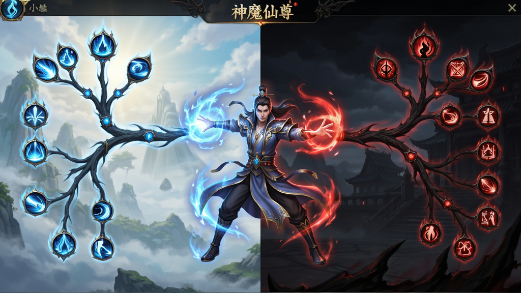 主体:神魔仙尊游戏界面,左侧为仙气缭绕的蓝色技能树,右侧为暗黑风格的红色魔道技能树,中间一名角色同时释放两种属性的技能。布局:左右分屏对比,中间为角色动态展示。排版:技能树以树状图形式延伸,图标精致。风格:仙魔对比鲜明,仙道明亮圣洁,魔道深邃神秘。细节:技能图标带有流光特效,角色身上同时环绕蓝红两色光芒。画质:高清渲染,干净无多余元素。