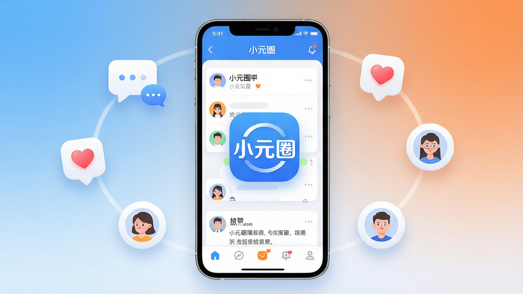 主体:一款名为“小元圈”的智能手机应用界面,屏幕内显示聊天列表和动态信息流,应用图标醒目,整体风格现代简约。布局:手机居中,屏幕内容清晰可见,周围环绕轻量化的社交元素图标如对话气泡、心形点赞、用户头像等。排版:应用界面采用卡片式布局,标题栏与底部导航栏分明,色彩以蓝色和白色为主色调,辅以橙色点缀。风格:扁平化设计,清新活泼,具有科技感与社交属性。细节:屏幕中突出显示“小元圈”字样,应用图标带有圆形元素,背景为渐变色,整体干净整洁。画质:高清渲染,光线柔和,无多余元素。