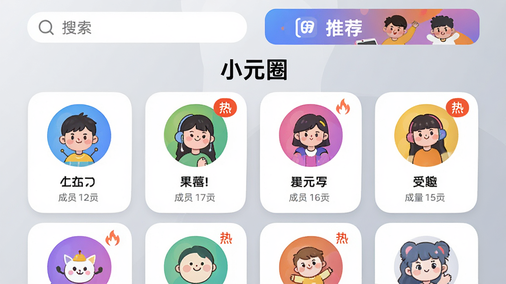 主体:“小元圈”应用的兴趣圈子页面,展示多个圆形图标代表不同兴趣分类。布局:页面采用网格布局,每个圈子卡片包含图标、名称和成员数量,顶部有搜索栏和推荐横幅。排版:卡片式设计,圆角矩形,图标色彩丰富,整体排列整齐有序。风格:时尚活泼,体现社区多元性,背景为淡雅的渐变灰色。细节:画面中央偏上位置显示“小元圈”字样,部分卡片带有“热”标签,模拟真实应用界面。画质:高清,色彩鲜艳,界面干净无多余元素。