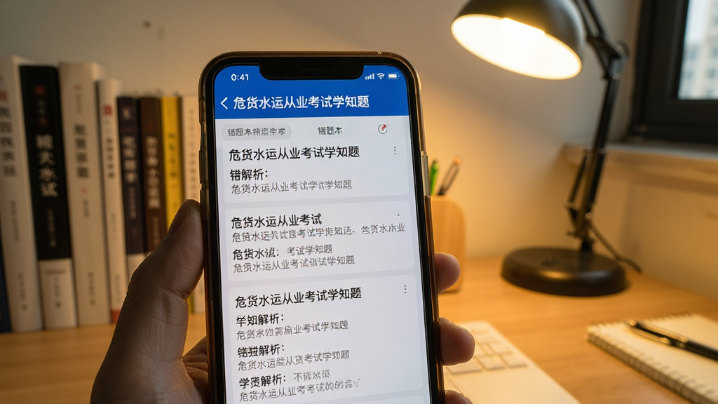 一张展示危货水运从业考试学知题在手机上运行的实拍照片,主体为一部智能手机,屏幕显示“危货水运从业考试学知题”的错题本页面,页面中列出了几道错题及解析,背景为书桌和台灯,环境温馨,风格写实自然,画质清晰,无多余元素。
