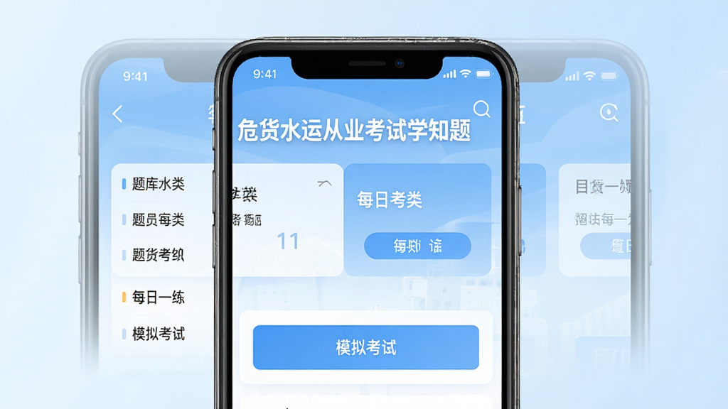 一张展示危货水运从业考试学知题应用整体界面的高清截图,主体为智能手机屏幕,屏幕上清晰显示“危货水运从业考试学知题”字样的APP首页,包含题库分类列表、每日一练入口和模拟考试按钮,背景为淡蓝色渐变,整体布局简洁现代,风格写实,画质清晰干净,无多余元素。