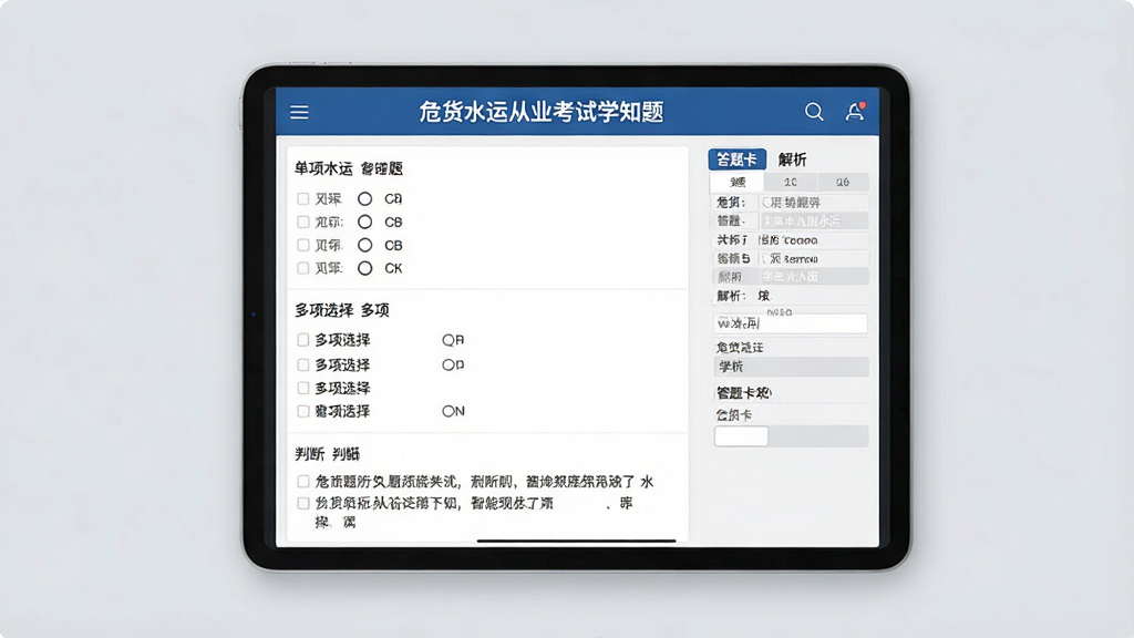 一张展示危货水运从业考试学知题智能题库功能的界面截图,主体为平板电脑,屏幕显示“危货水运从业考试学知题”的答题页面,包含单项选择题、多项选择题和判断题的示例,右侧有答题卡和解析区域,背景为柔和的浅灰色,界面排版清晰,风格专业写实,画质细腻干净。
