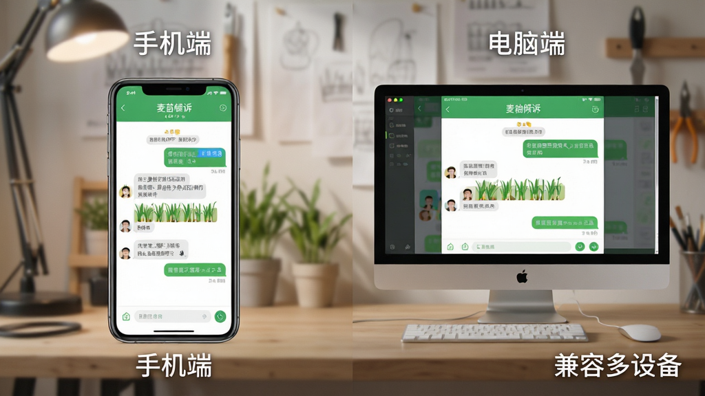 主体:麦苗倾诉APP在手机和电脑上的使用场景对比图,左侧为手机,右侧为电脑模拟器。布局:左右对称,背景为工作室环境。排版:界面截图清晰,标注“手机端”和“电脑端”。风格:写实摄影风格,光线柔和。细节:手机和电脑屏幕上都显示麦苗倾诉的聊天界面,画面右下角有“兼容多设备”字样。画质:高清,干净,无多余元素。