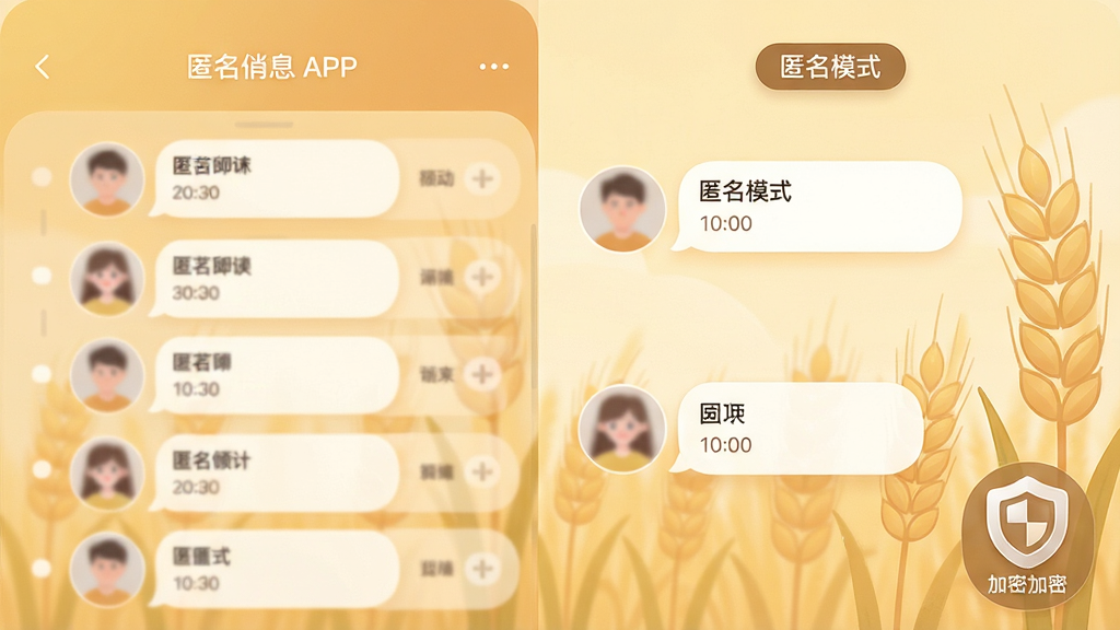 主体:麦苗倾诉APP的匿名聊天界面,两个模糊的头像在对话,界面以暖色调为主。布局:左右分屏,左侧为消息列表,右侧为聊天窗口,顶部有“匿名模式”标签。排版:消息气泡圆润,时间戳清晰。风格:柔和圆角,简洁干净。细节:界面右下角有盾牌图标表示加密,背景有淡淡的麦苗图案。画质:高清,干净,无多余元素。
