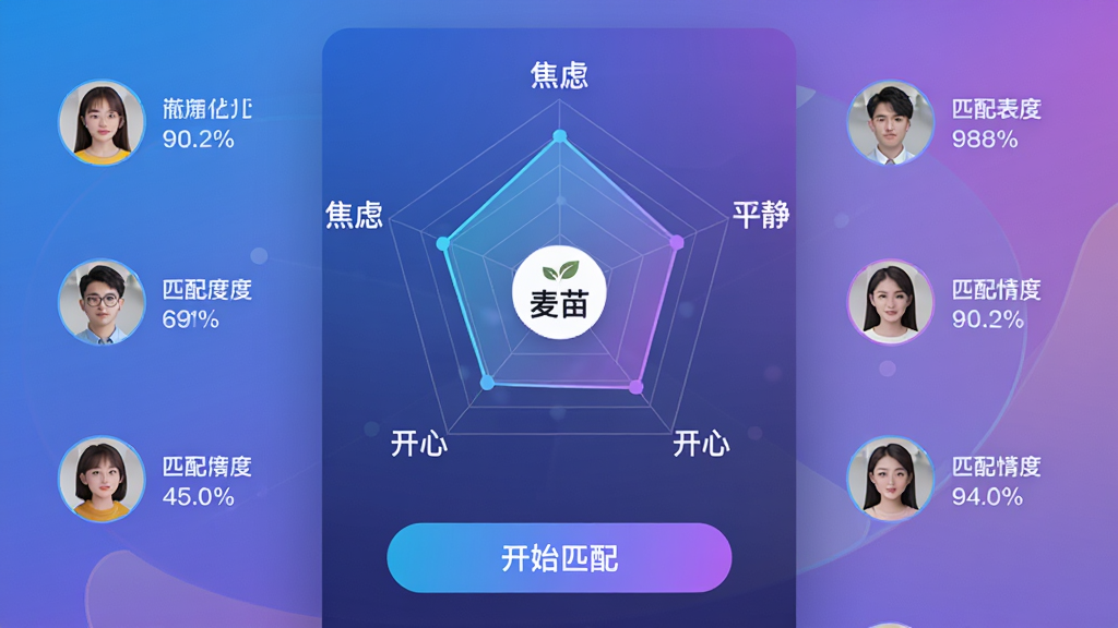 主体:麦苗倾诉APP的情绪匹配页面,显示一个雷达图,标注“焦虑”“平静”“开心”等情绪维度。布局:雷达图居中,周围有推荐用户头像,底部有“开始匹配”按钮。排版:数据可视化,标签清晰。风格:科技感与温暖结合,蓝紫渐变。细节:雷达图中心有“麦苗”logo,推荐用户头像旁有匹配度百分比。画质:高清,干净,无多余元素。